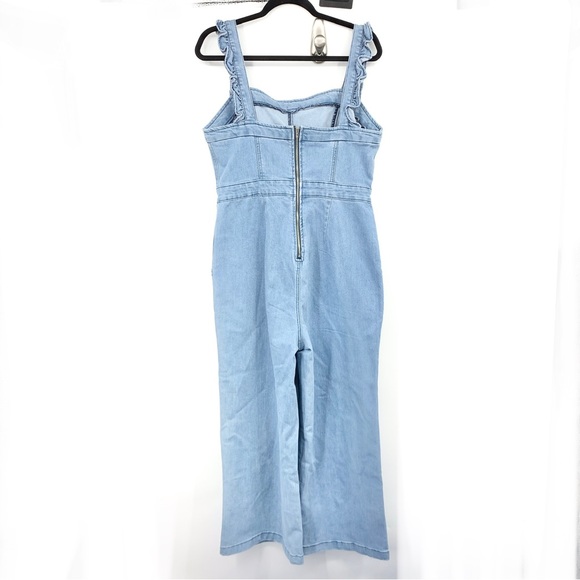 BOHME Women Size XL Overalls Light Wash Denim Jean Ruffle Wide Leg Crop Stretch - Picture 5 of 14